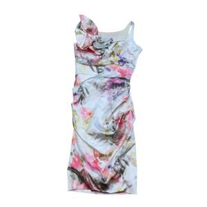 Rolando Santana White Floral Print Satin Ruched Sleeveless Square Neck Dress S